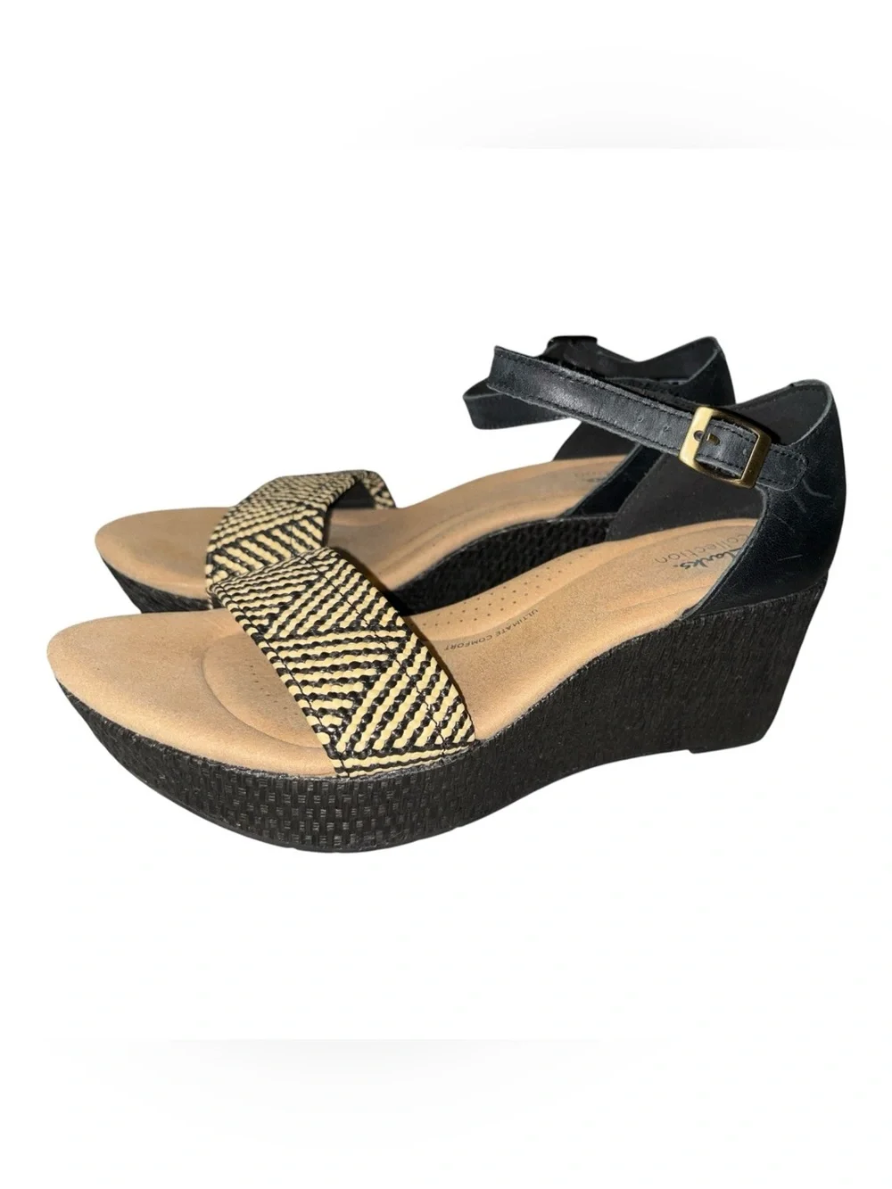 Clarks Collection Rose Ease Black Leather Ankle Strap Wedges Size 9